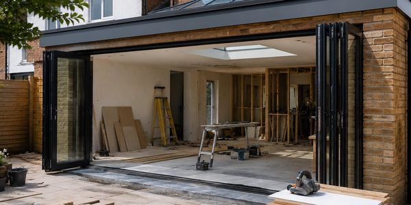 Open and spacious home renovation with folding glass doors and construction materials inside.