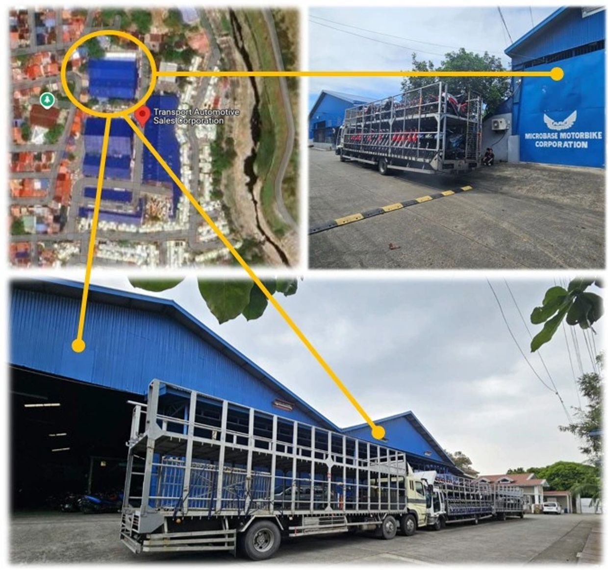 Aerial view and photos of Transport Automotive Sales Corporation with trucks.