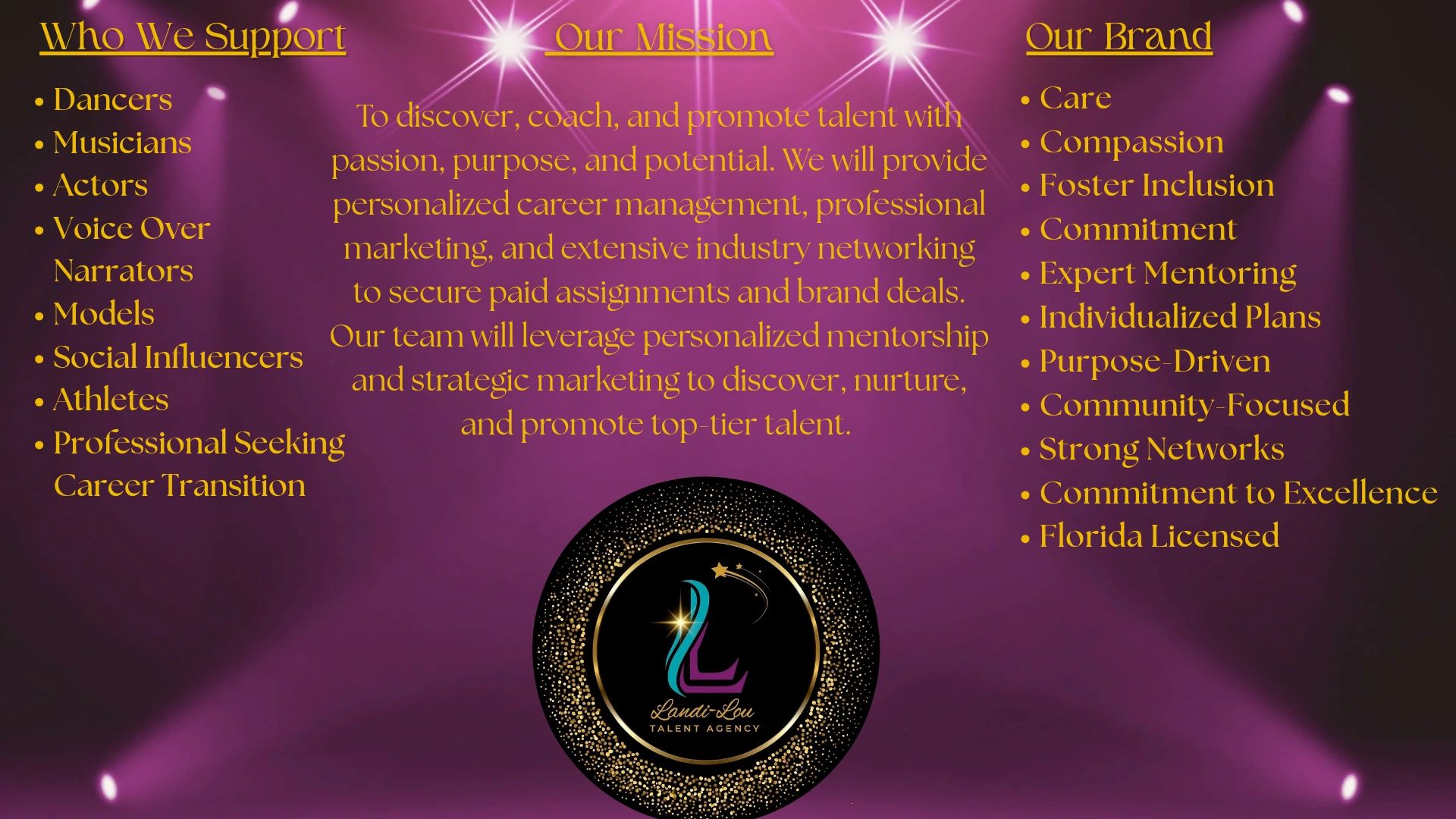Talent agency supports creative professionals with personalized career management and mentorship.