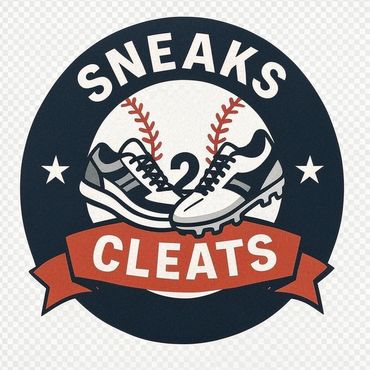 Logo showing sneakers and cleats with baseball stitching.