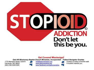 Stop opioid addiction message with prevention resources in Mississippi.