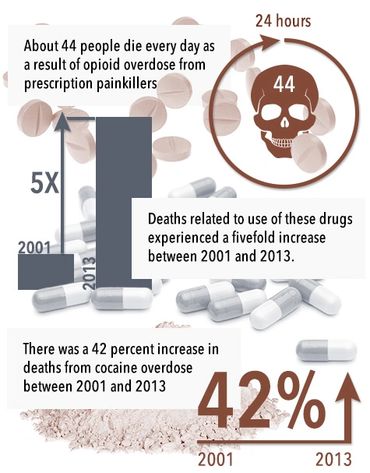 Opioid overdoses increased fivefold from 2001 to 2013, causing 44 daily deaths.