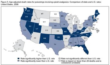 Map showing opioid analgesic poisoning death rates by state in the U.S., 2006.