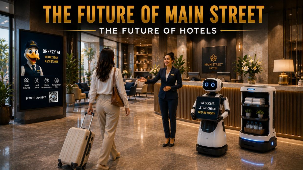 A robot and receptionist welcome a guest in a futuristic hotel lobby.