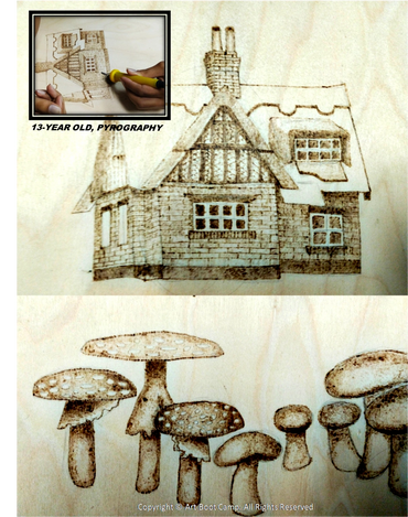 13-year-old. Woodburning (Pyrography) project. Direct School Admission (DSA) Award recipient.