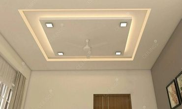Modern ceiling design with recessed lighting and a ceiling fan.