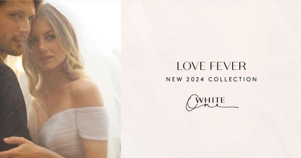 Couple in wedding attire with Love Fever 2024 collection text.