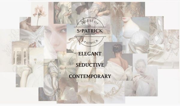 Collage of elegant historical fashion images with House of St Patrick branding.