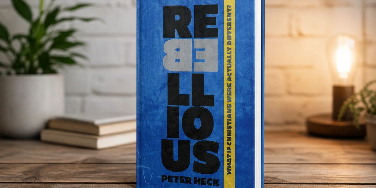 Blue book titled "Rebellious" by Peter Heck on a wooden table.
