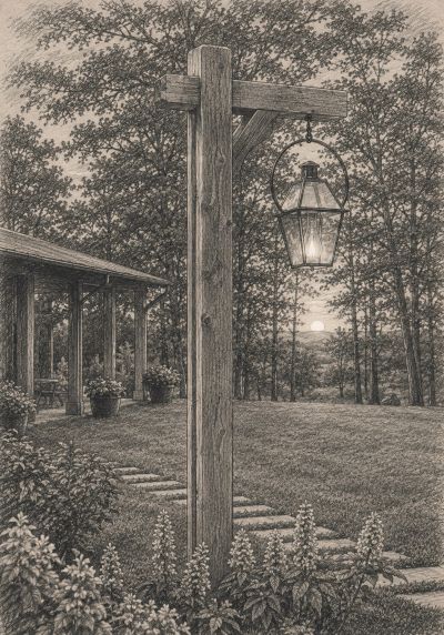 A rustic lantern hanging on a wooden post at sunset.