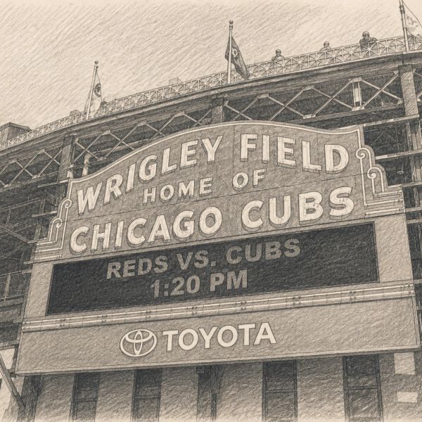 Wrigley Field sign showing Reds vs. Cubs game time.