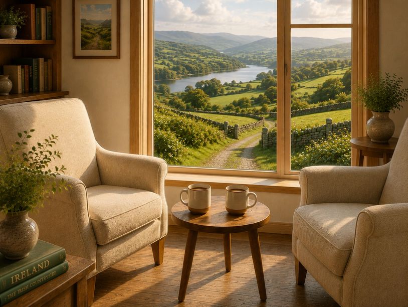 Cozy room with two armchairs and mugs overlooking a green valley through a large window.