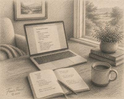 Cozy workspace by a window with laptop, books, notes, and coffee.