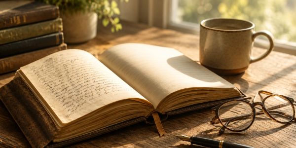 Vintage book, glasses, and mug on a wooden table.