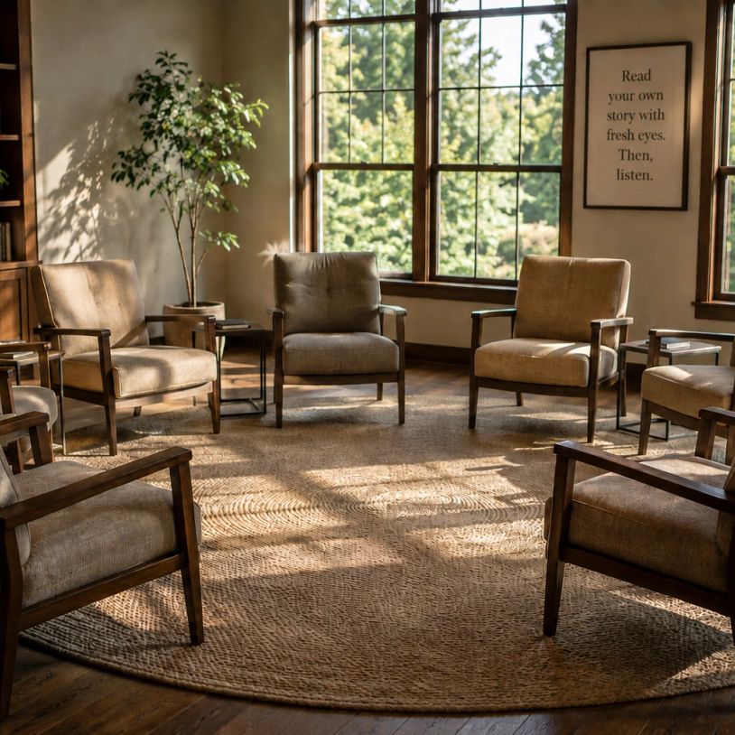 Cozy meeting room with round rug and armchairs.