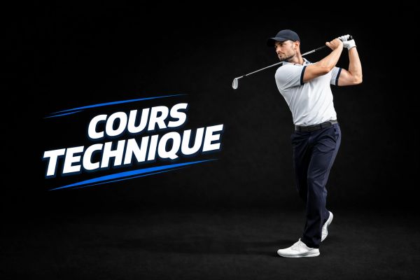 Man practicing golf swing with 'Cours Technique' text on black background.