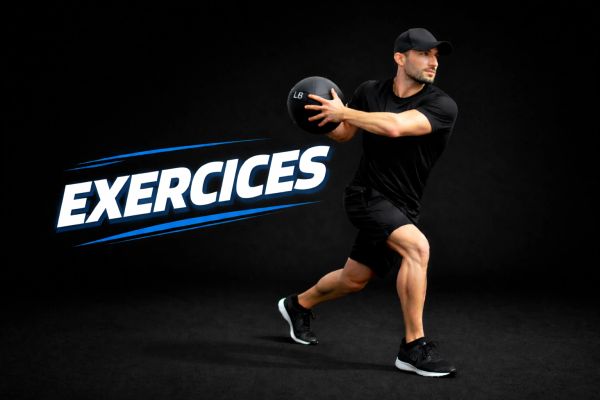 Man in black sportswear holding a medicine ball for exercises.