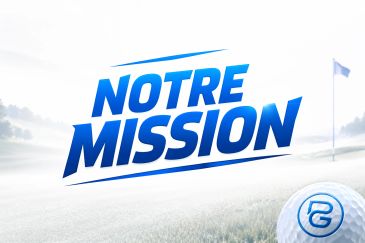 Graphic design with 'NOTRE MISSION' text over a golf course background.