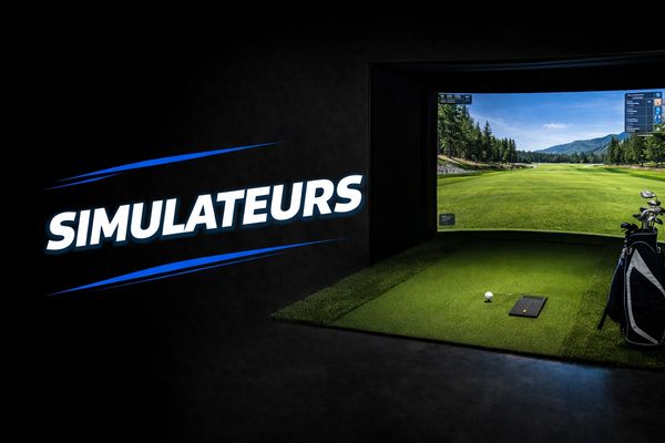 Indoor golf simulator setup with a virtual golf course and clubs.