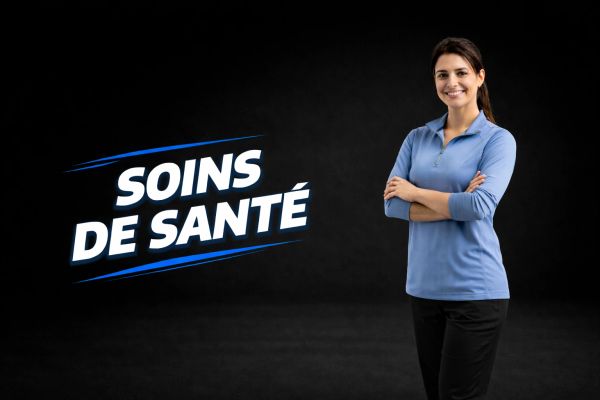 Smiling woman standing with arms crossed next to health care text in French.