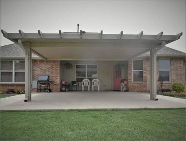 20ft x 16ft Aluminum Flat-pan patio cover with Santa-Fe pergola trim built in Mustang, OK