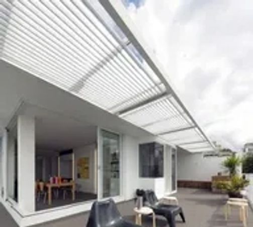 Louvered sunshade awnings