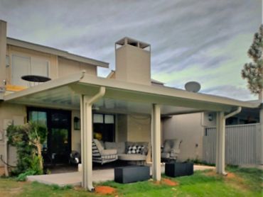 26ft x 13ft aluminum flat-pan patio cover with Santa-Fe style aluminum trim.