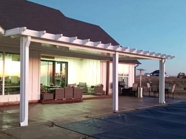 33ft x 15ft attached flat-pan aluminum patio cover with the Santa-Fe3 trim options.