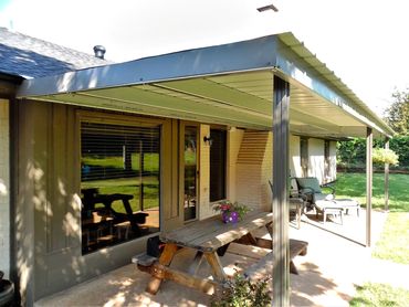 28ft x 10 ft Galvanized steel attached patio cover with painted poles built in OKC charcoal gray