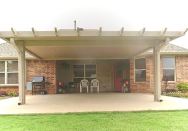16ft x14ft attached alum flat pan patio cover with our Santa-Fe package pergola trim in Clay Mustang