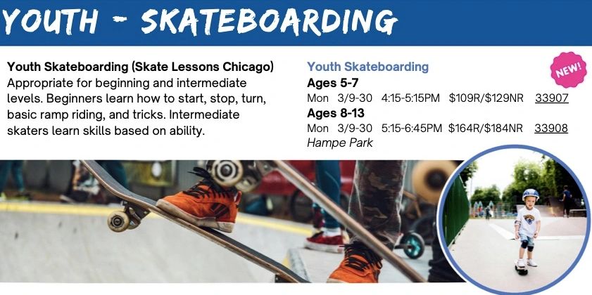 Youth skateboarding classes offered by skate lessons Chicago with Carol Stream Park District.