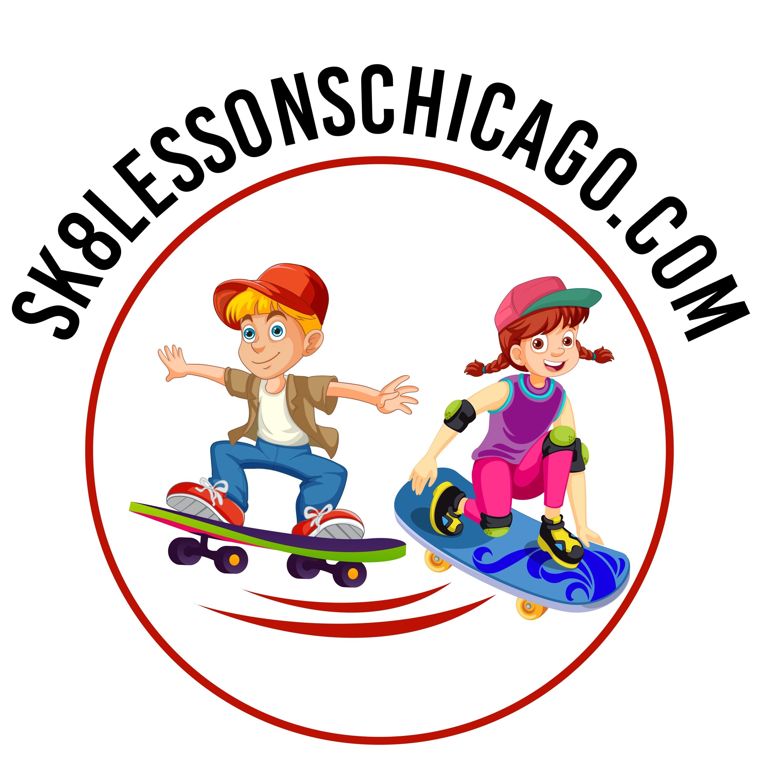 Skate Lessons Chicago logo featuring cartoon kids skateboarding. Official Skateboard Lessons