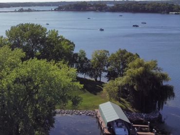 Aerial drone photo of grays bay in lake Minnetonka in Minnesota.