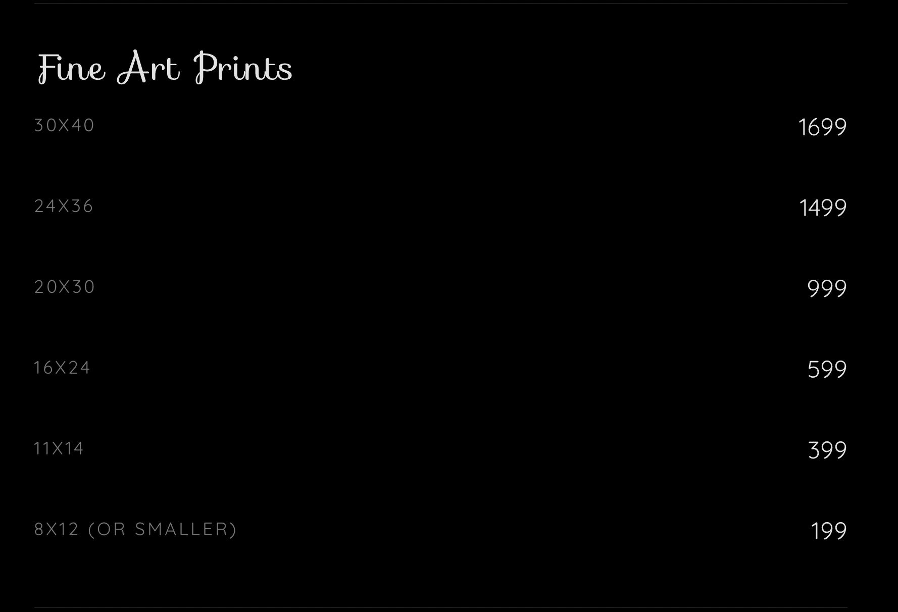 Price list for fine art prints in various sizes.