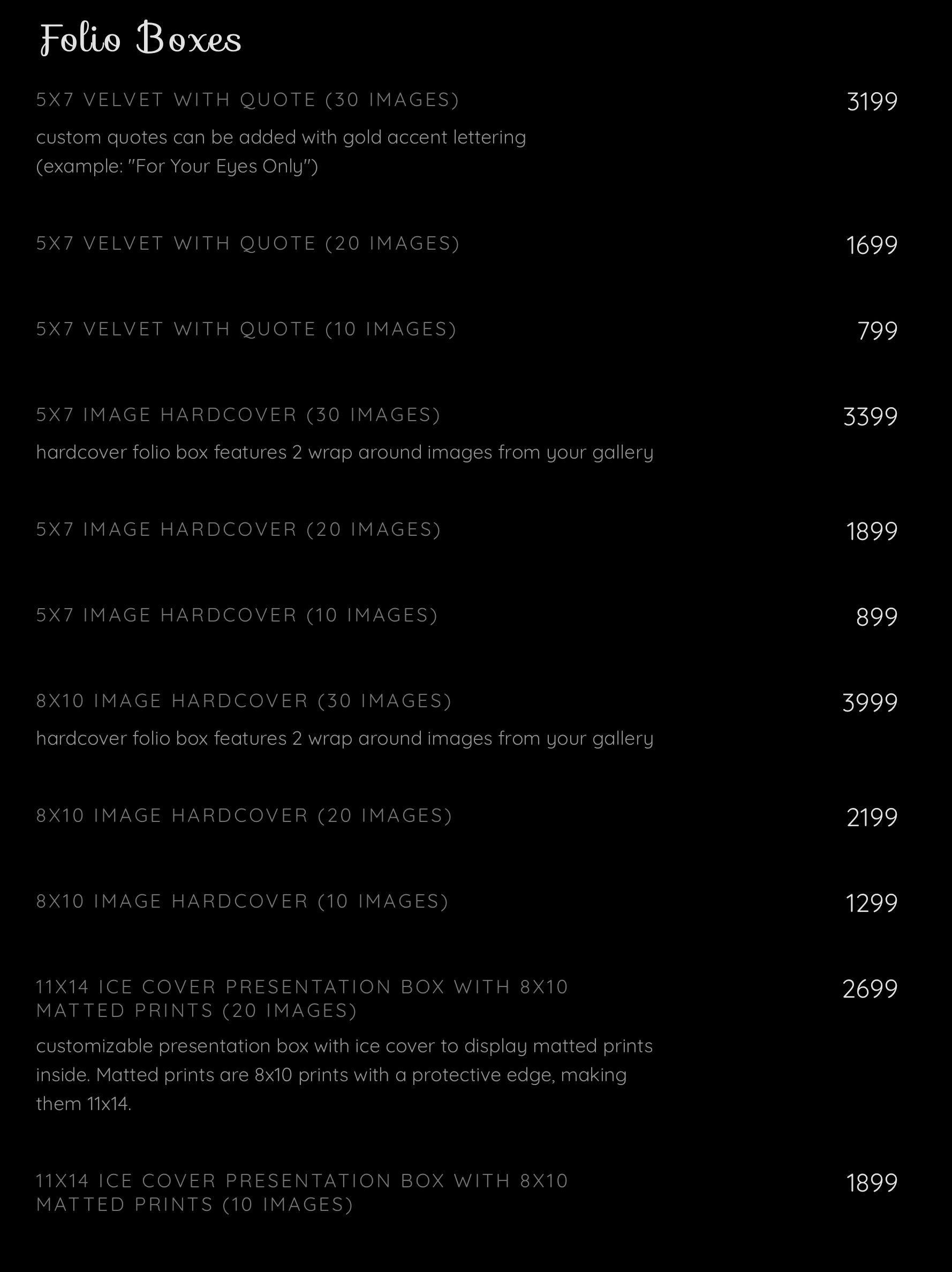 Pricing list for folio boxes and presentation boxes with image and quote options.