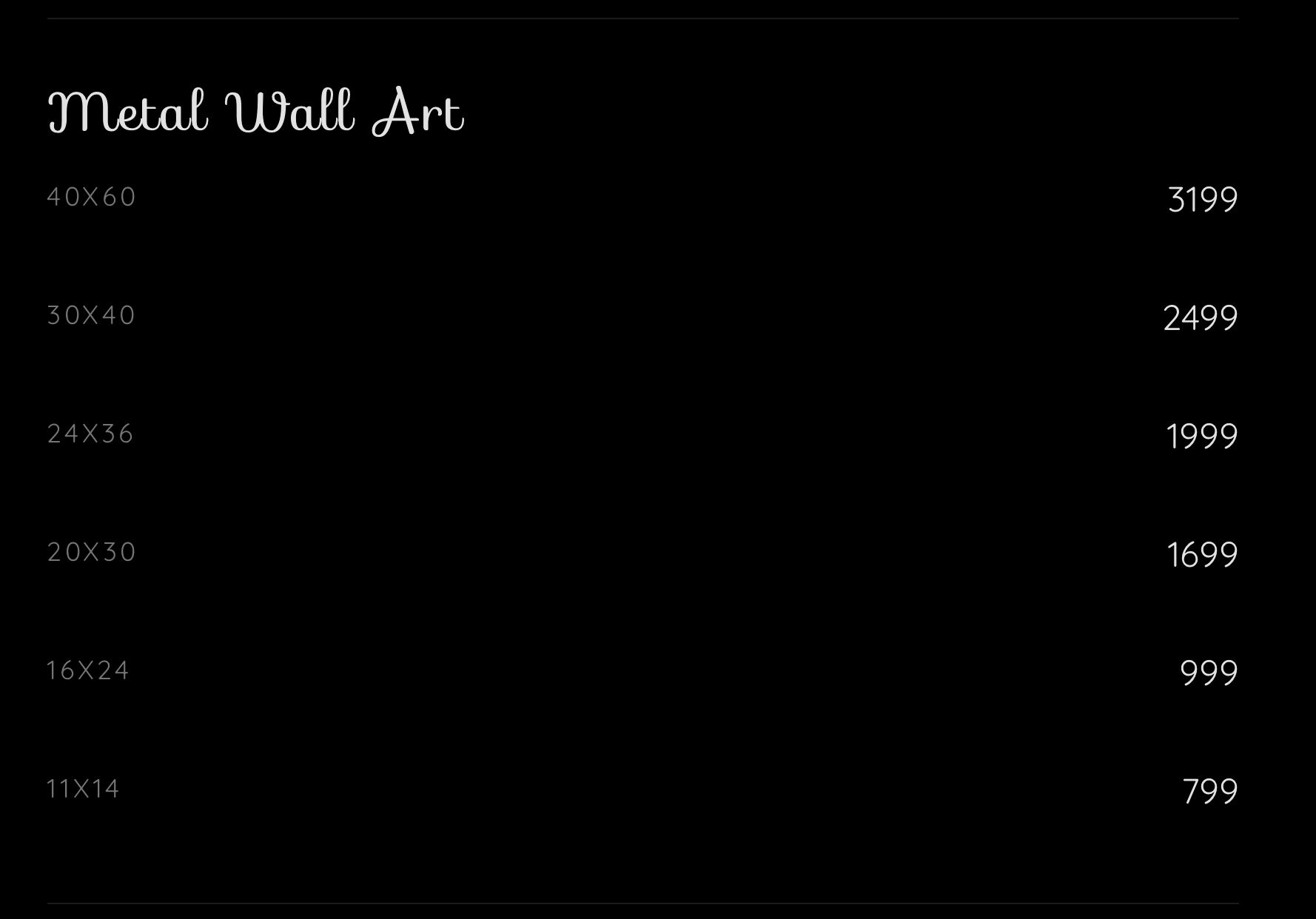Price list for metal wall art in various sizes.