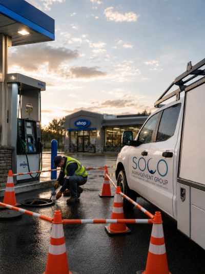Worker inspecting underground utilities at a gas station during sunset.