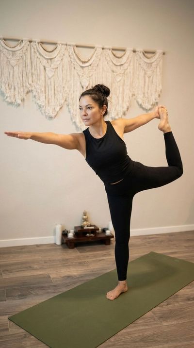 Gloria, 500-hour RYT: Dancer’s Pose at Rincon Valley Yoga. Somatic reset in Vail, AZ.