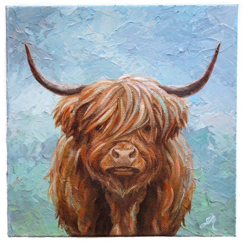 Scottish Highland Cow, heavy body acrylic on canvas, 8x8", 2019 by Jess Mann