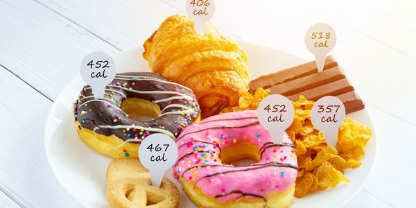 Various pastries and snacks with calorie labels on a white plate.