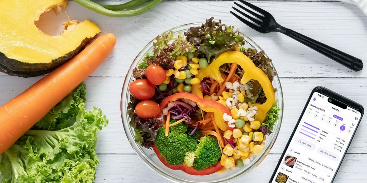 Fresh vegetable salad with carrot, corn, broccoli, and cherry tomatoes beside a smartphone and black fork.