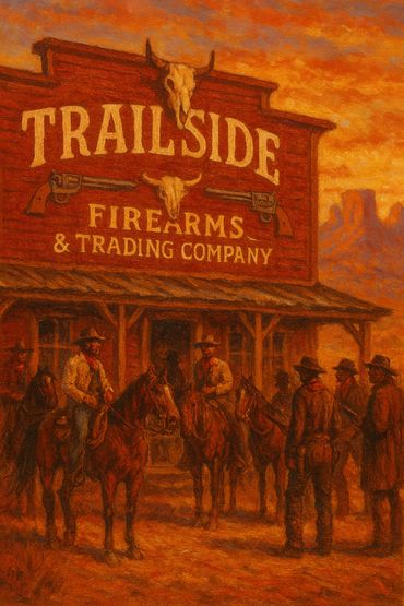 Cowboys gather outside Trailside Firearms & Trading Company at sunset.