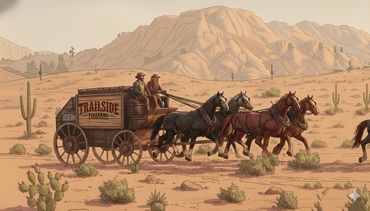 A desert stagecoach pulled by four horses with two men driving.