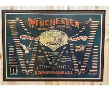 Vintage Winchester ammunition and rifle display poster with detailed cartridges and illustrations.