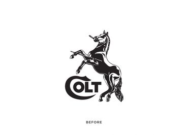 Vintage black and white Colt logo with a rearing horse.