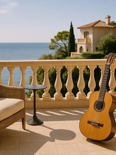 Luxury guitar lessons with sea view – private tuition or fly-out sessions at global villas. HNW