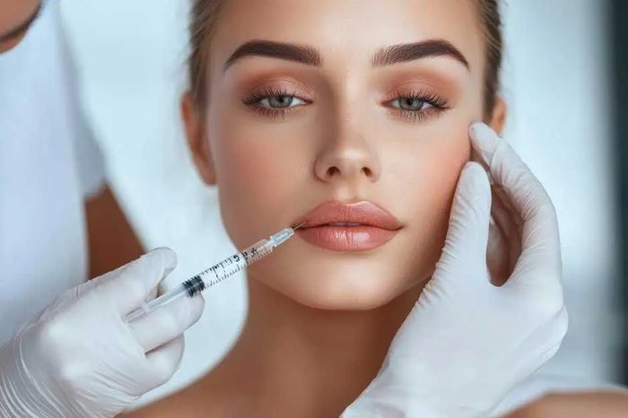 Woman receiving a lip injection from a professional wearing gloves.