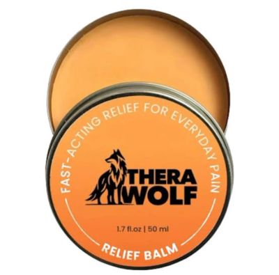 Therawolf relief balm container with orange label.