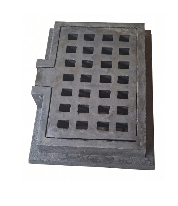 Square metal drain cover with grid pattern and textured edges.