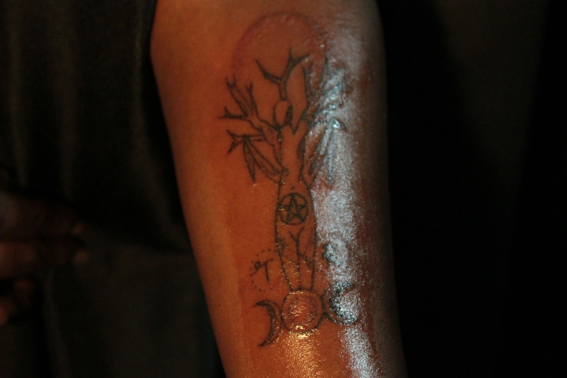 An ebony shaded arm reaches out with an imprint depicting a tree as a woman with the triple moon